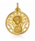 Medalla Virgen Niña calada de Oro amarillo de 18 Kl con borde tallado y forma redonda.Tiene un diámetro de 24 mm. - M231